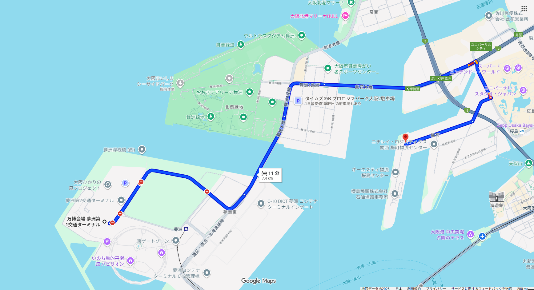 万博跡地からジェイ・ポート此花工場へのルート