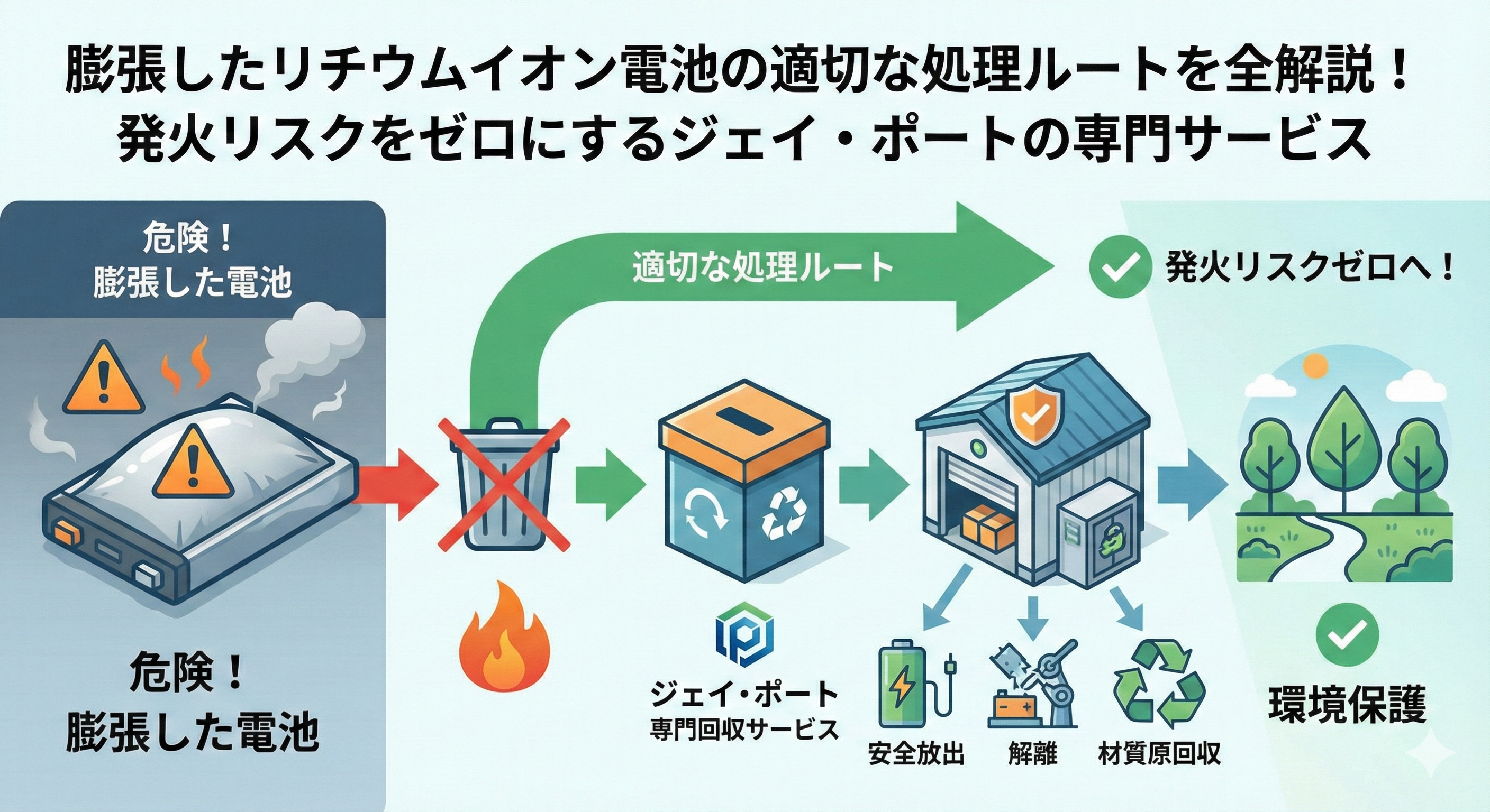 膨張したリチウムイオン電池の処理フロー